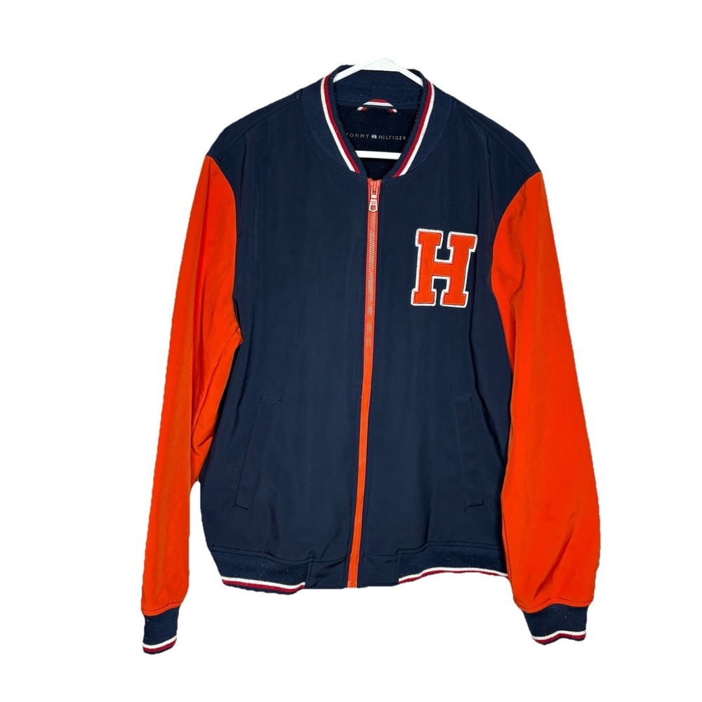 Tommy Hilfiger Men's Orange Blue Logo "H" Varsity Bomber Lettermans Jacket Sz L